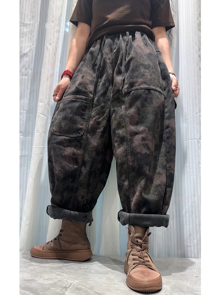 Amax LuluE Korean Winter Warm Fashion Jeans Womens Loose Vintage Floral Fur Denim Pants Ladies Casual Printed Thicken Trousers