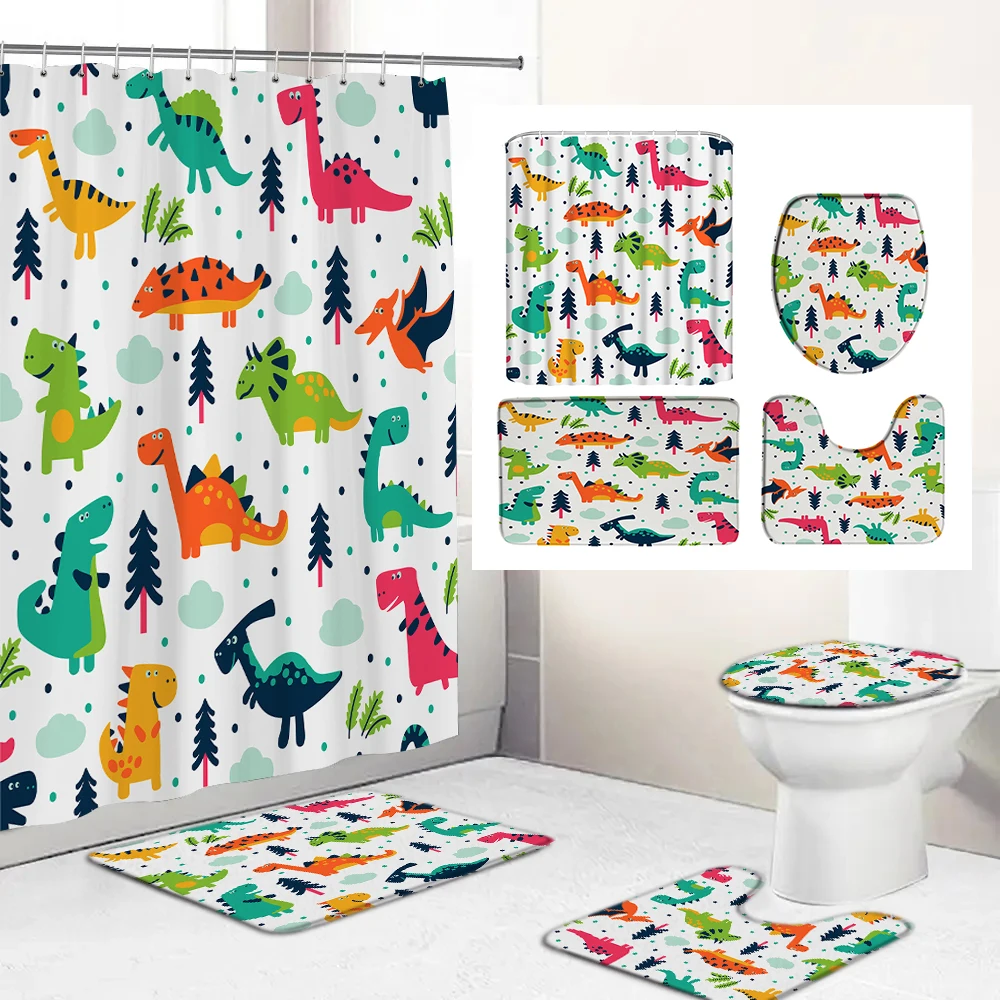 Cartoon lovely Dinosaur Printed Shower Curtain Set Waterproof Polyester Non-Slip Mat Rug Carpet Toilet Seat Cover Bathroom Decor