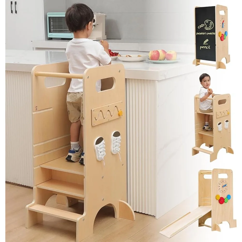 

Toddler Tower, 4 in 1 Toddler Kitchen Stool Helper Wooden Height Adjustable Standing Tower for Kitchen Counter with Slide