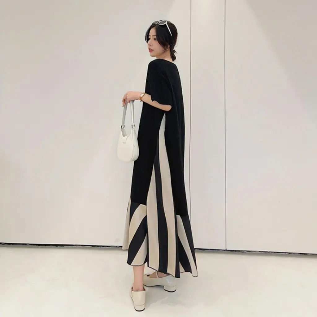 

Женское бархатное атласное платье больших размеров в полоску с v-образным вырезом и короткими рукавами, летнее новое модное искусственное двухсекционное платье оптом