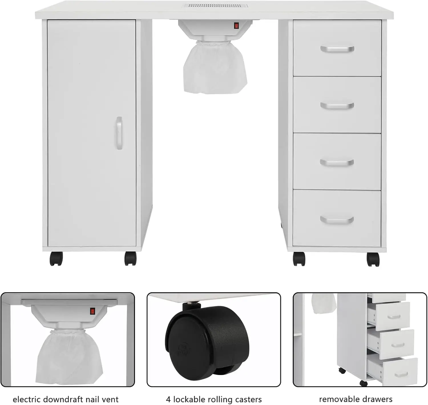 Nail Table Station, Salon Spa Nail Desk with Electric Downdraft Vent, Locking Castors, 2 Layers Storage Cabinet, 4 Removable