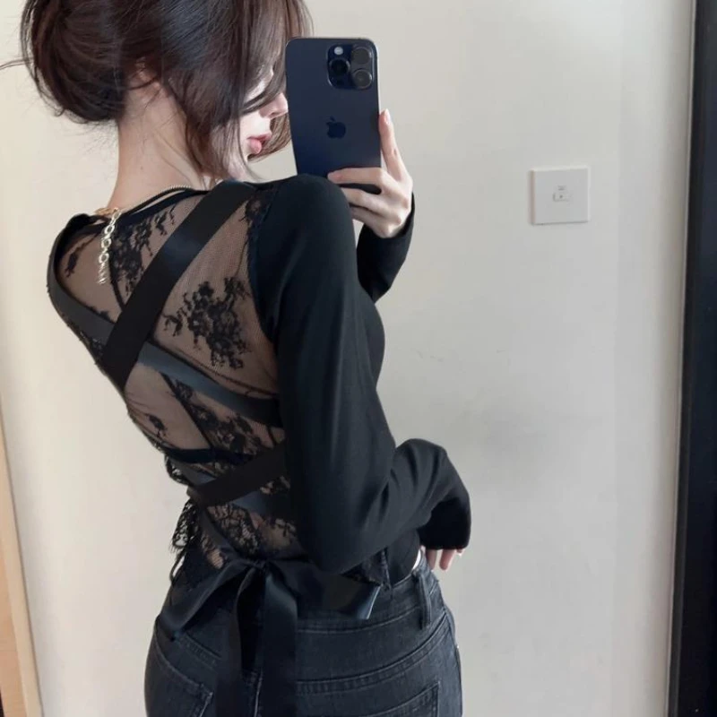 Sexy T-shirts Women Bandage Aesthetic Long Sleeve Tops Y2k Girls Fashion Hotsweet Tender  Club Wear Ulzzang Soft Clothes