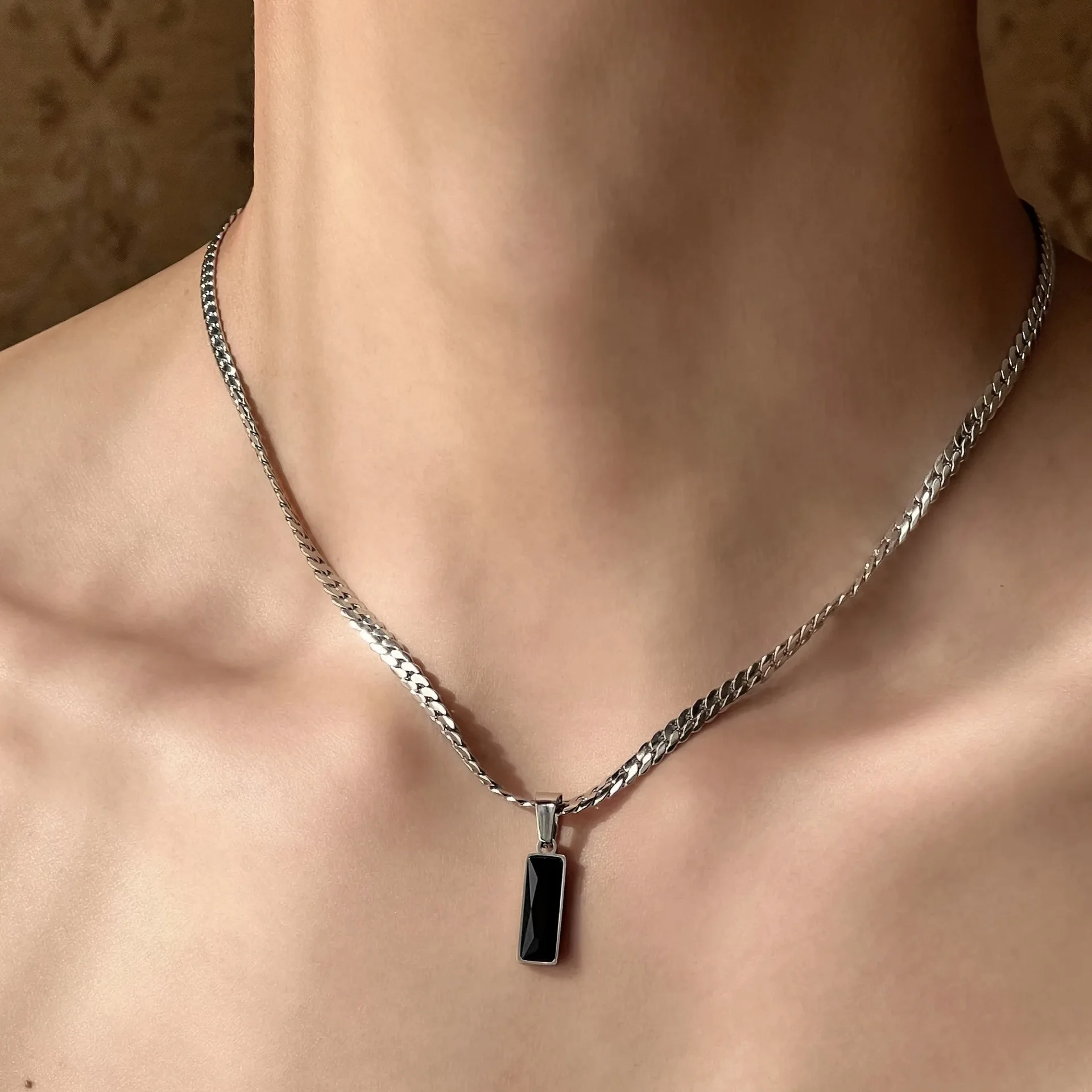 Thin Cuban Chain Rectangle Black Zircon Men’s Necklace 316 Stainless Steel Cool Silver Minimalist Long Bar Black Crystal Unisex