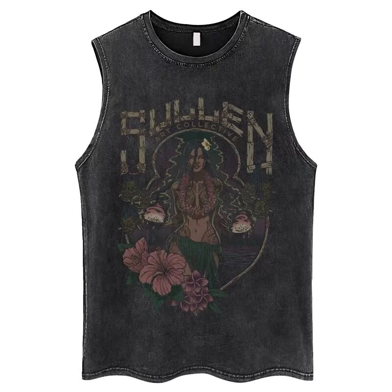 High Street Hiphop Tank Top Washed Sleeveless T-shirt Men\'s Vest Gothic Punk Print Hip-hop Outdoor Loose Sports Vest