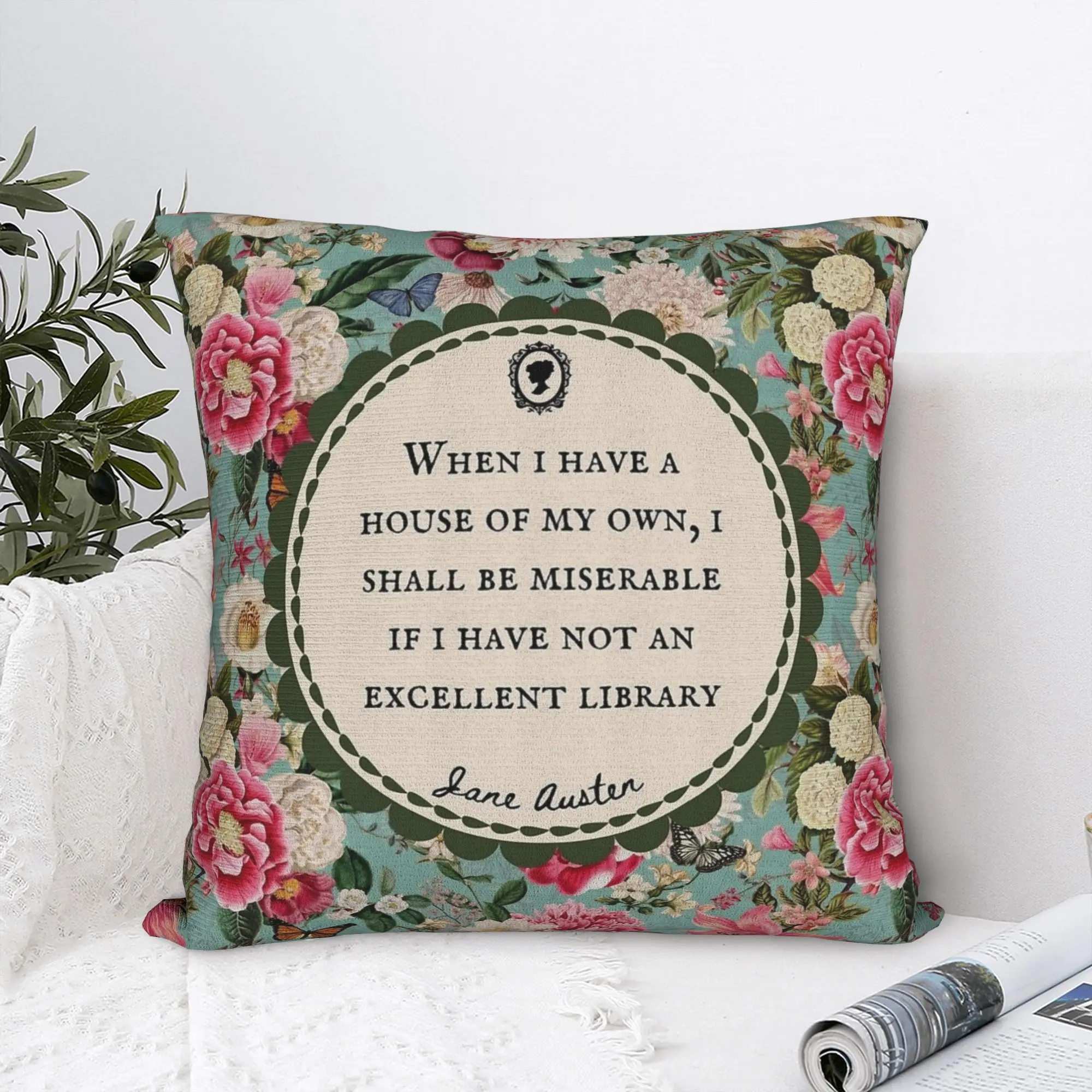 Jane Austen Library Quote Vintage Floral Flowers Pride and Prejudice Pillowcase Cushion Cover Decorative  Pillow Case Cover