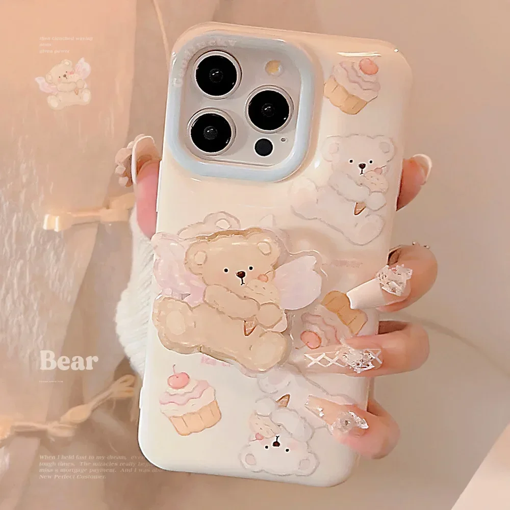 Korean Style Cartoon Ice Cream Bear Phone Case for IPhone16 15 14 12 13 11 Pro ProMax Plus X XR Shockproof Phone Cover