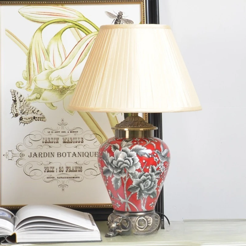 Red background white flower ceramic desk lamp, bedroom living room household lamp c