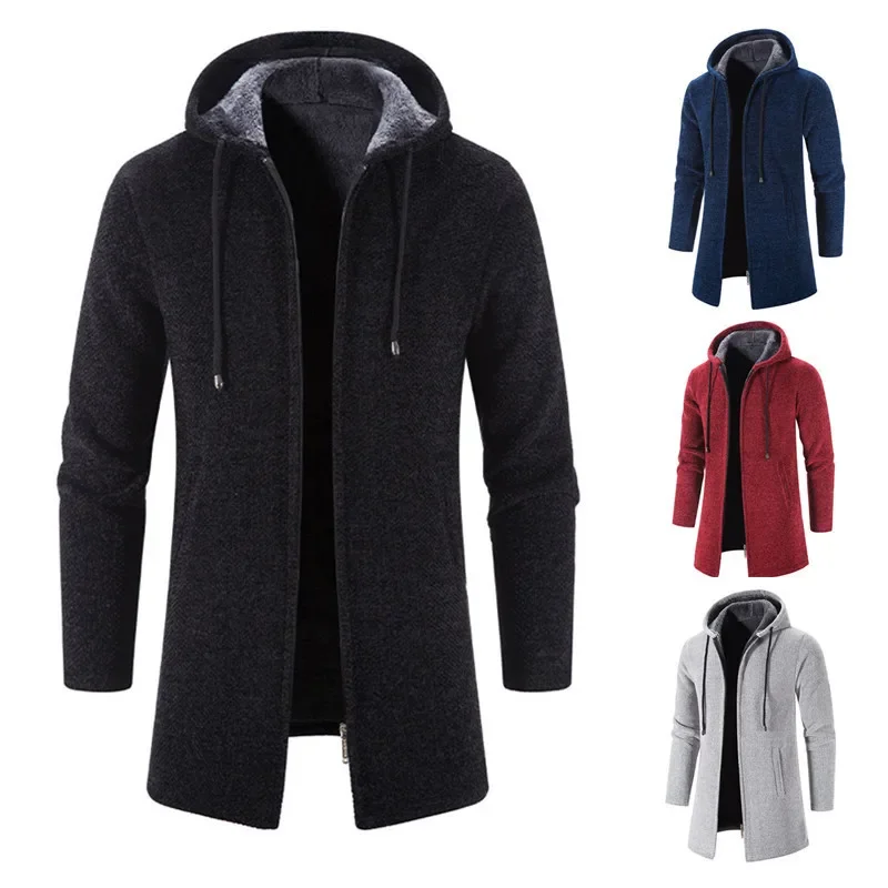 

2023 Autumn and Winter New Men's Sweater with plush insulation Knitted cardigan Medium length trench coat Men's hooded jacket