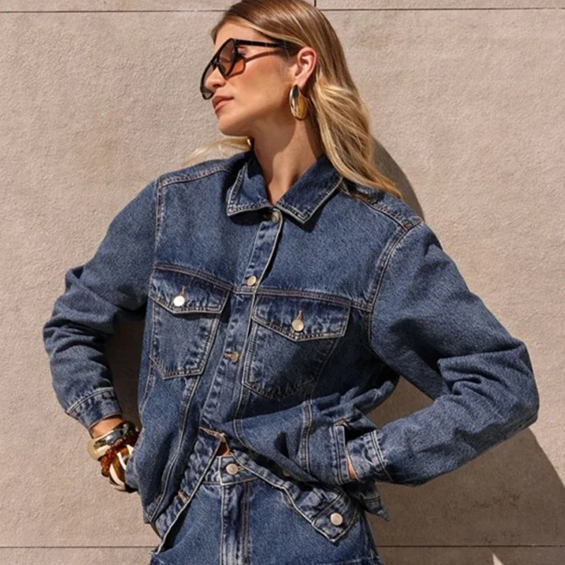 Retro Loose Denim Jacket Women's Fashion Lapel Single-Breasted Pocket Long-Sleeved High Street Coat Autumn Commuter Coat