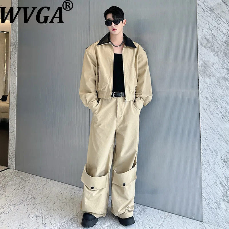 

WVGA Spring Autumn New Men Double-Layer Collar Safari Jacket Niche Chic Casual Wide-Leg Large Pocket Pants Two Pieces Set W17015