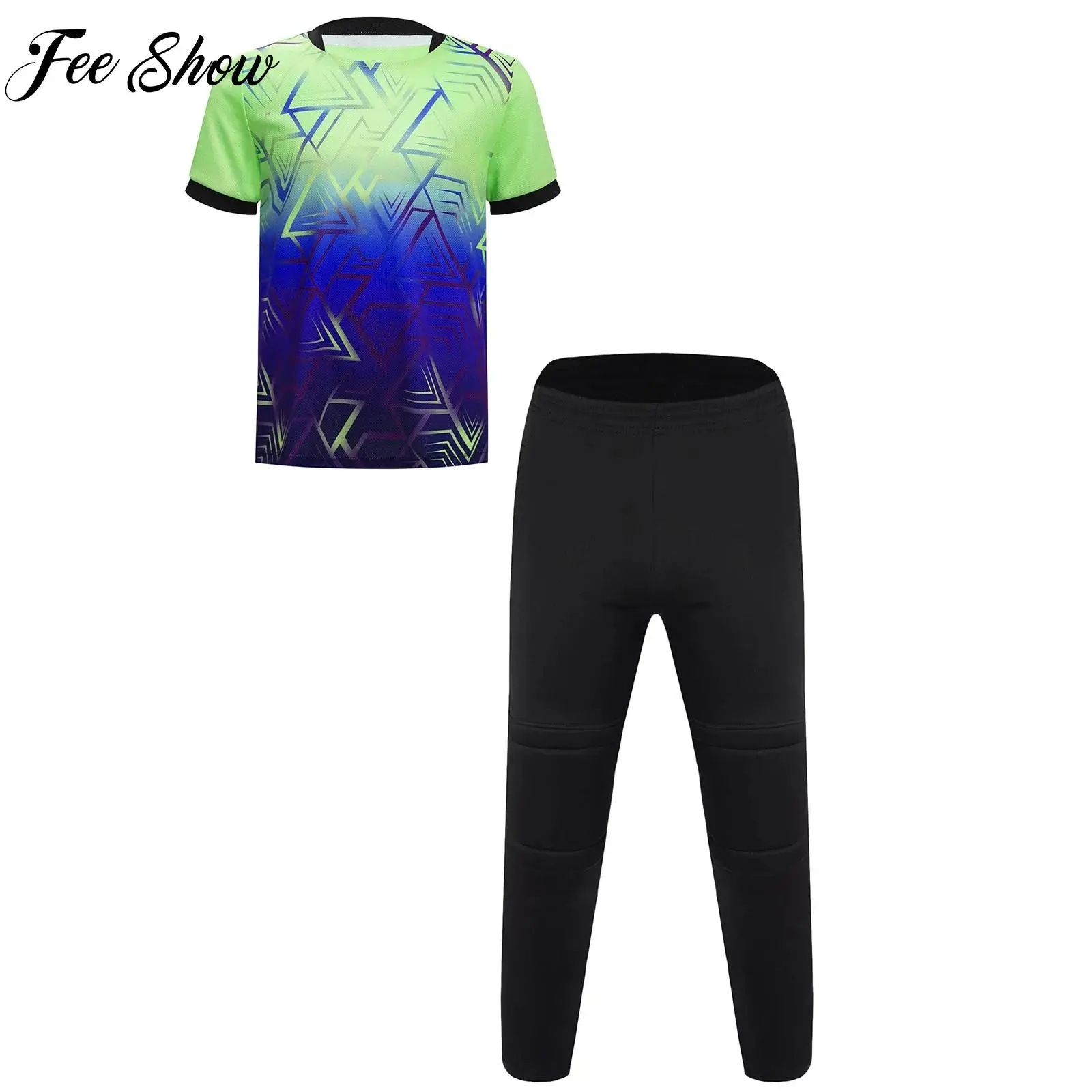 

Kids Boys Sports Set Football Training Costume Short Sleeve Stylish Print T-shirt with Goalkeeper Pants Suit Outdoor Active Wear