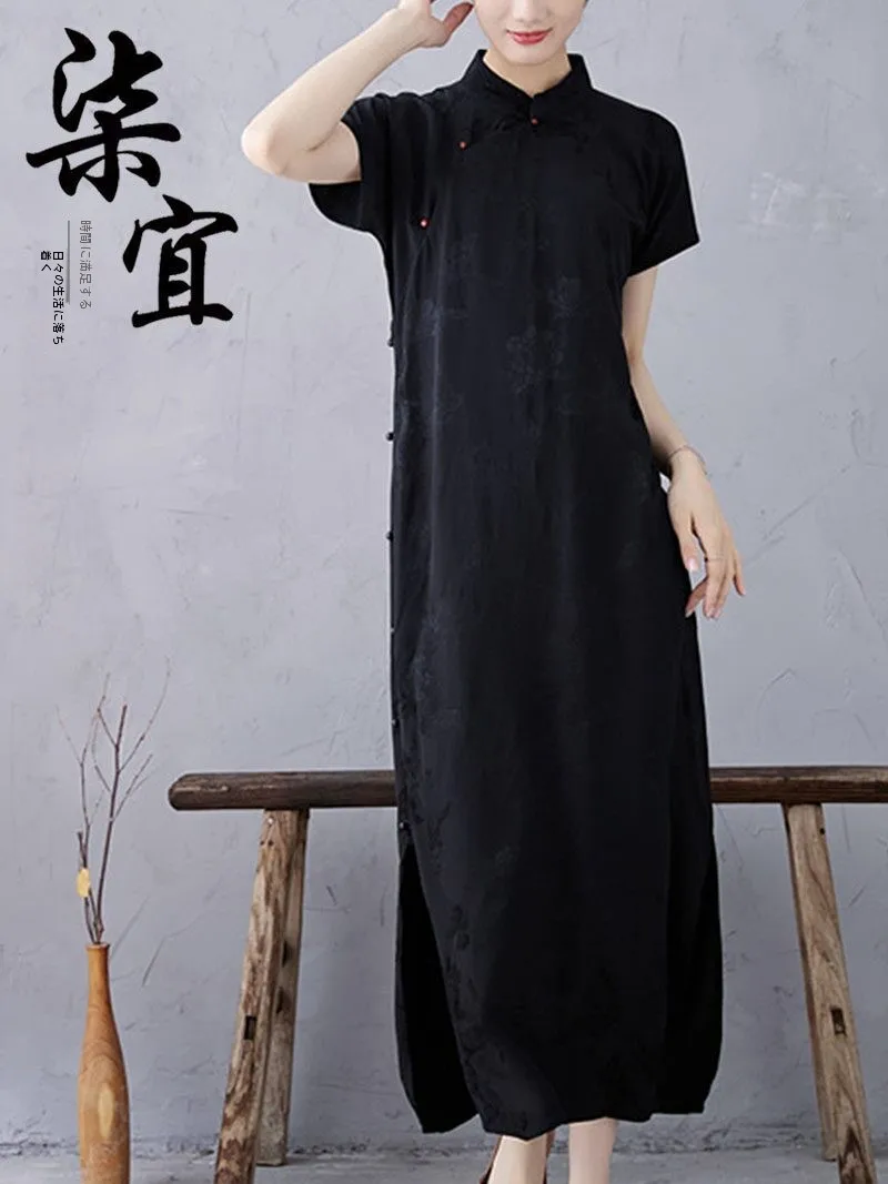 

New Summer 2026 Women's Black Floral Embroidery Vintage Loose Fit Dress Full Button Chinese Style Long Gown