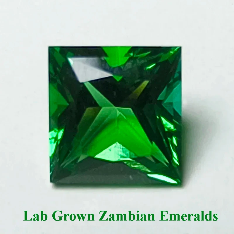 

Lab Grown Zambian Emeralds Hydrothermal Hand Cutting Square Shape with Cracks Inclusions Inside Selectable AGL Certificate