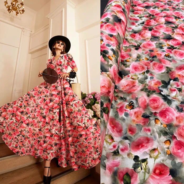

Pink Misty Rose Floral Print Silk Stretch Crepe De Chine Fabric Mulberry Silk Material For Dresses 140cm Wide Blouse