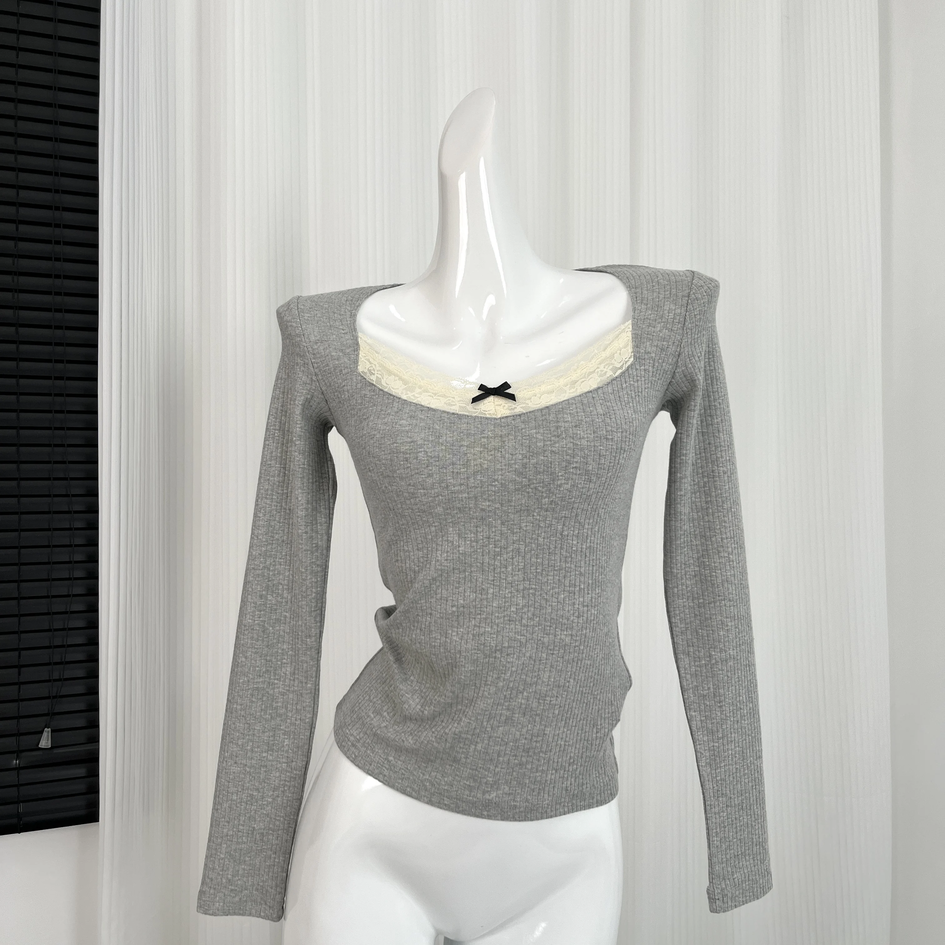 

New Autumn Winter Women Solid Slim Y2k Sweater Pull Fashion Grey Long Sleeved Bow Knitwears Pullovers Clothing Jumper Blouse