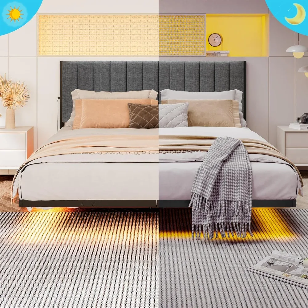 إطار سرير كامل عائم مع أضواء LED ومحطة شحن، إطار سرير بمنصة معدنية بالحجم الكامل مع لوح رأسي منجد، بدون صندوق #3