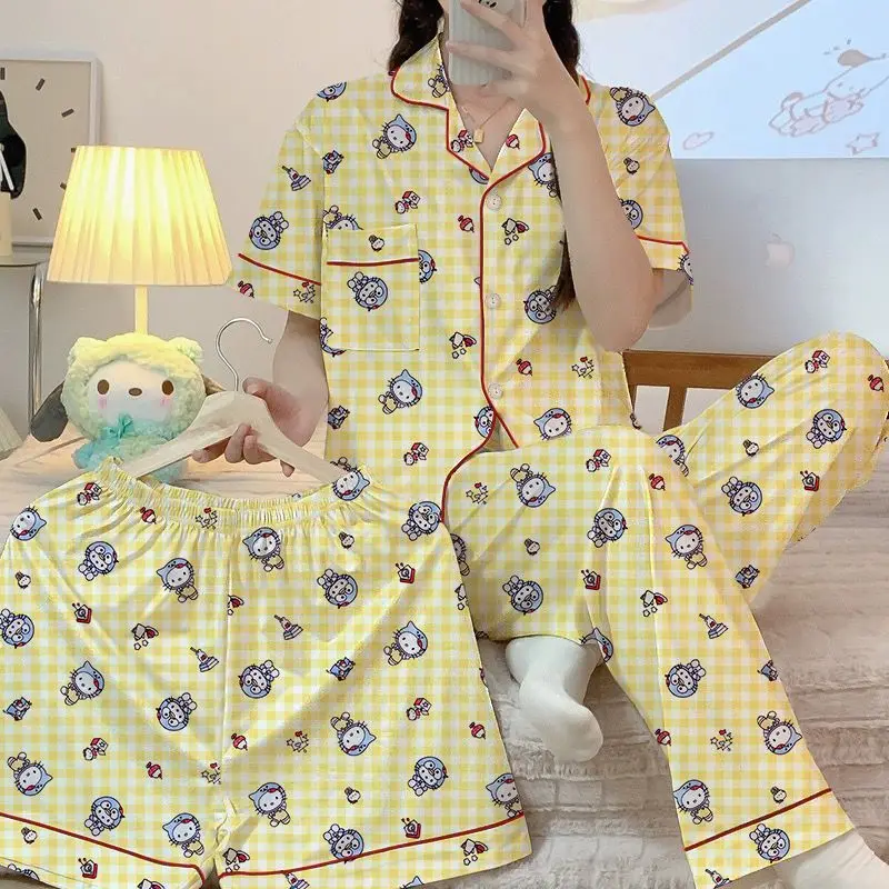 Sanrio Lady Pajama 3 Piece Hello Kitty Sleepwear Pant Shorts Short Sleeve Pyjama Summer Pijama Kawaii Nightwear Cartoon Homewear