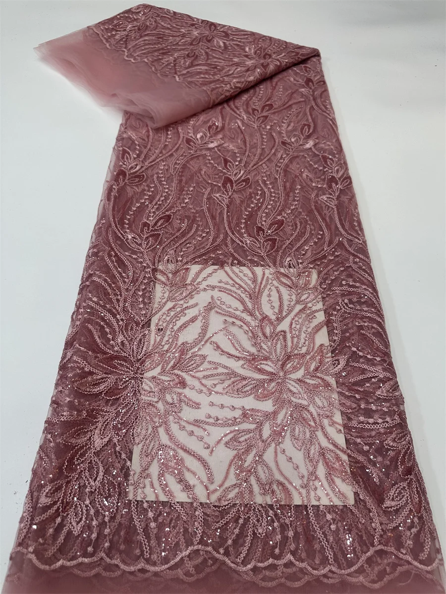 

African Lace Fabric 5 Yards High Quality 2024 Nigerian Tulle Lace with Sequence wine Lace Fabric For Wedding Party Dress