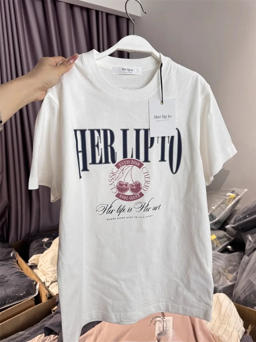 T-shirt imprimé cerise en édition limitée Or Sve Haut pour femme en pur coton Quatre couleurs disponibles Trajet Sle Taille haute A-Li...