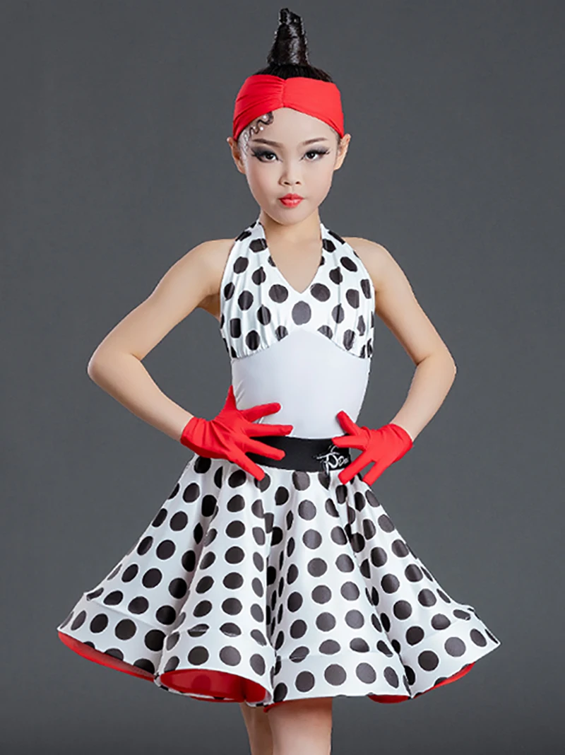 

Kids Girls Sleeveless Halter Backless Polka Dots Bodysuit and Fishbone Swing Skirts Dancewear Childrens Performance Costume