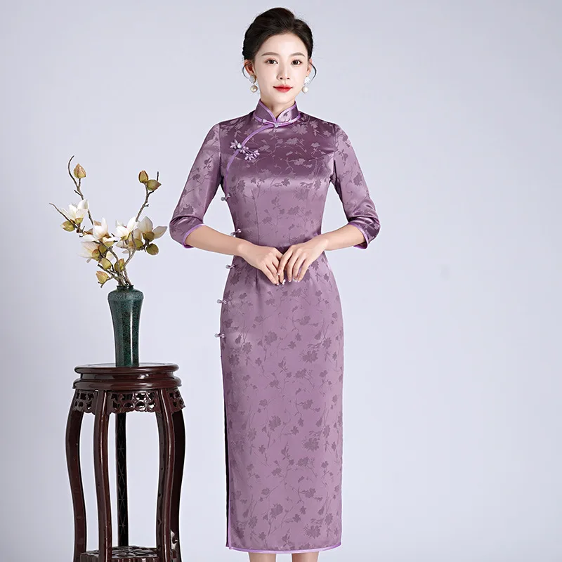 

Stand-up Collar Cheongsam Dress Women Clothing Spring New Chinese Retro Elegant Purple Printed Slimming Long Dress for Women