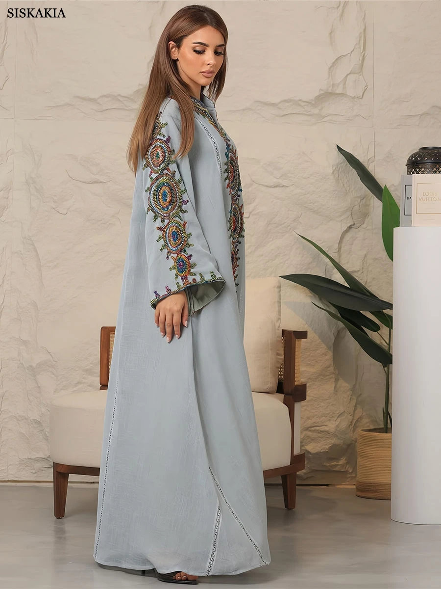 Siskakia Embroidery Dubai Abaya For Muslim Woman Notched Stand Collar Elegant Casual Loose Moroccan Saudi Kaftan Fashion Kebaya