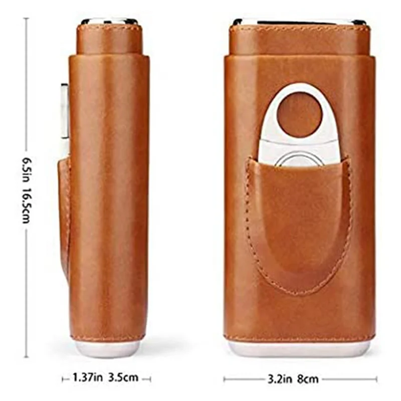 

AT29-5X High Quality 3-Finger Humidors Portable Cigar Box Brown Cigar Leather Case With Cigar Cutter