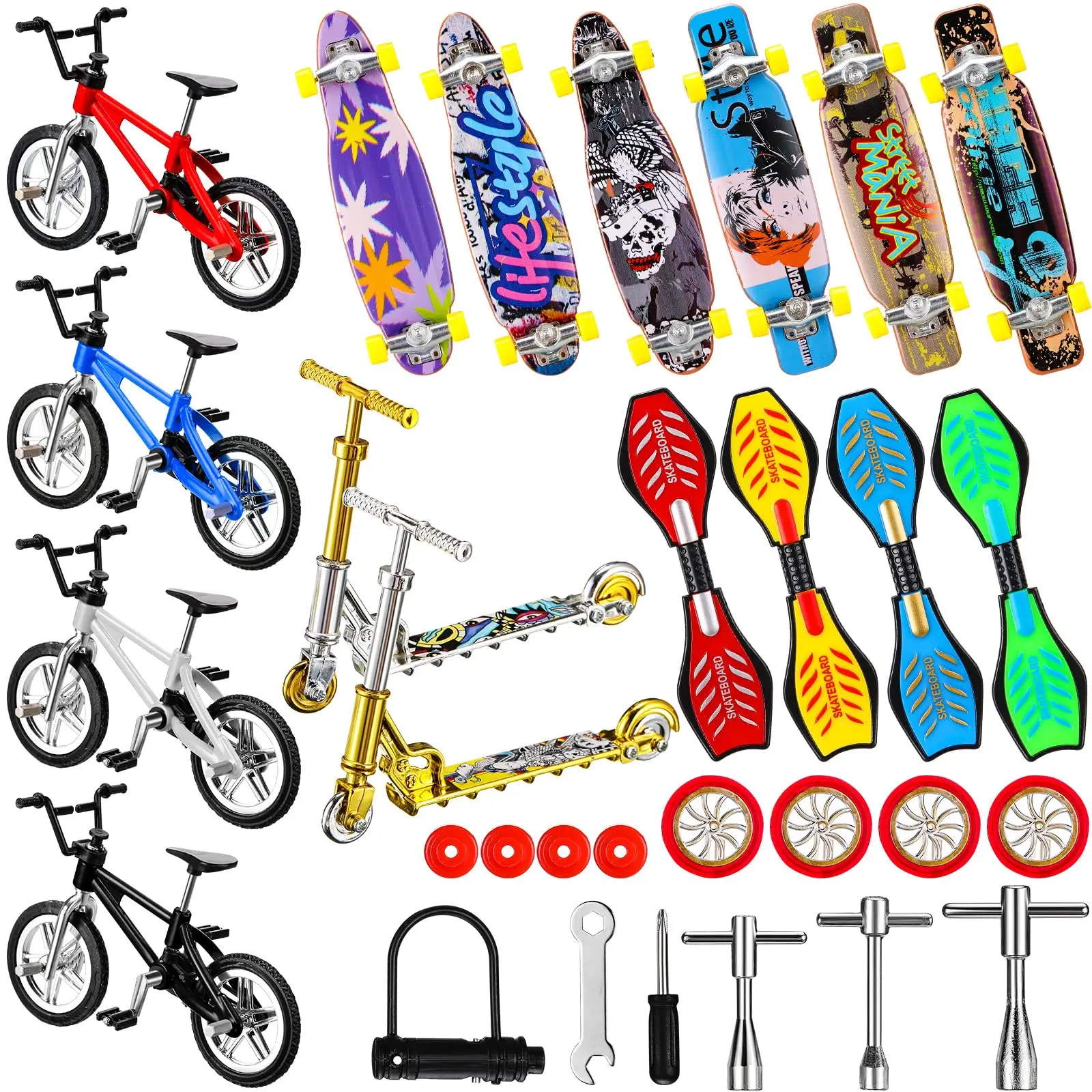 Mini Finger Toys Set for kids include 6Finger Skateboard,4Finger Bike,2Mini Scooter 4Swing Board 8Matched Wheel 7Tool Toy Party