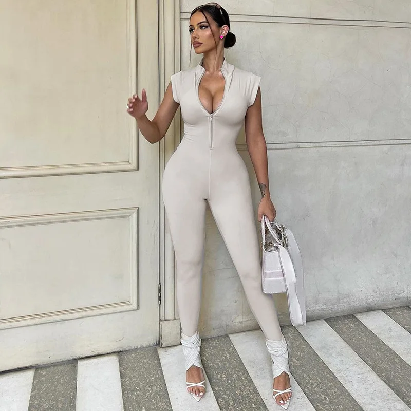 

BKLD Summer Outfits For Women 2024 New Fashion Sexy Chest Front Zipper Tight Solid Color Jumpsuit One Pieces Party Clubwear