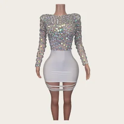 Fashion Long Sleeves White Crystal Rhinestone Hip Wrapped Night Gown Sexy Casual Elegant Women Club Prom Party Dress Stage Wear