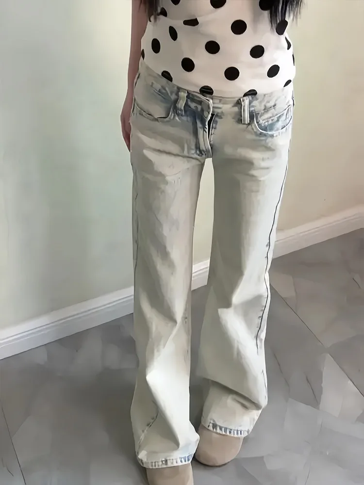 

American High Street Design Women's Summer New Style Hot Girl Light Blue Straight Leg Floor-Length Jeans High Waist Vintage