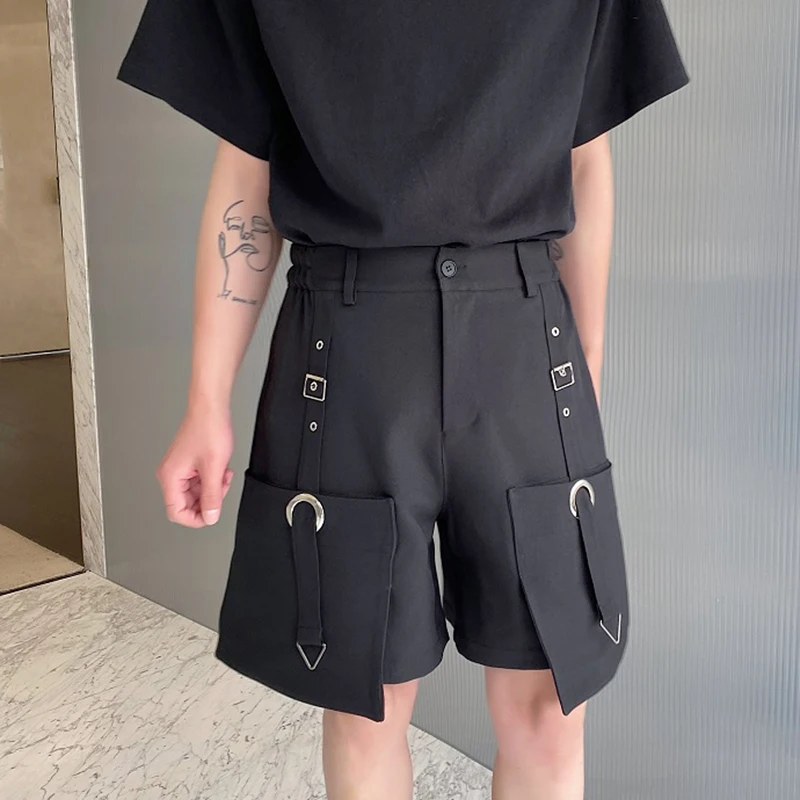 IEFB High Waisted Shorts Summer New Casual Men's Cargo Pants Pocket Zipper Solid Color Loose 2024 Fashion Metal Ribbon 9C5355