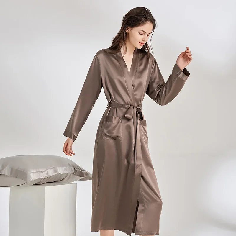 25MM 100% Mulberry Silk Maxi Bath Robe Nightwear Women's Kimono Long Robes Sexy Lingerie Nightgown bathrobe dressing Gown pajama