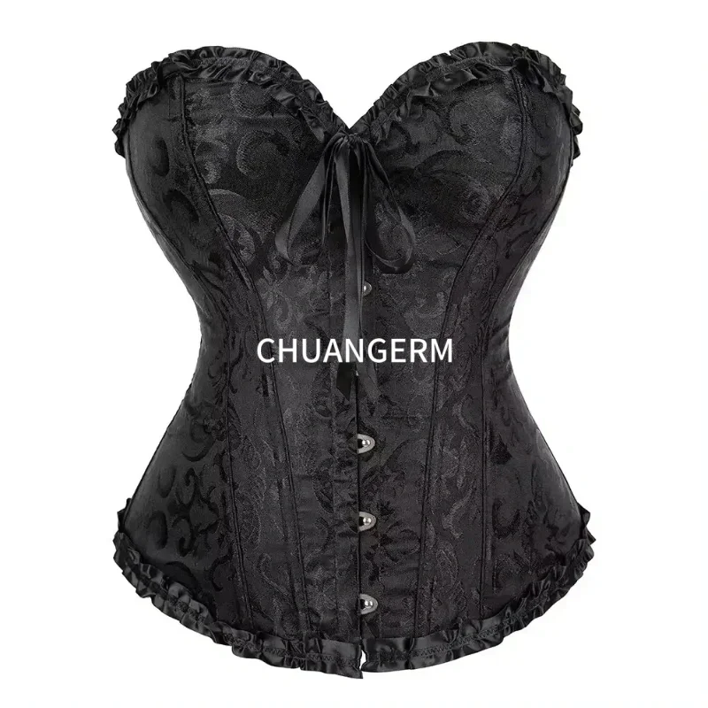 CHAUNGERM Women Corset Top Jacquard Overbust Bustier Victorian Sexy Lace up Floral Lingerie Korset Vintage Gothic Basques Costum view 6