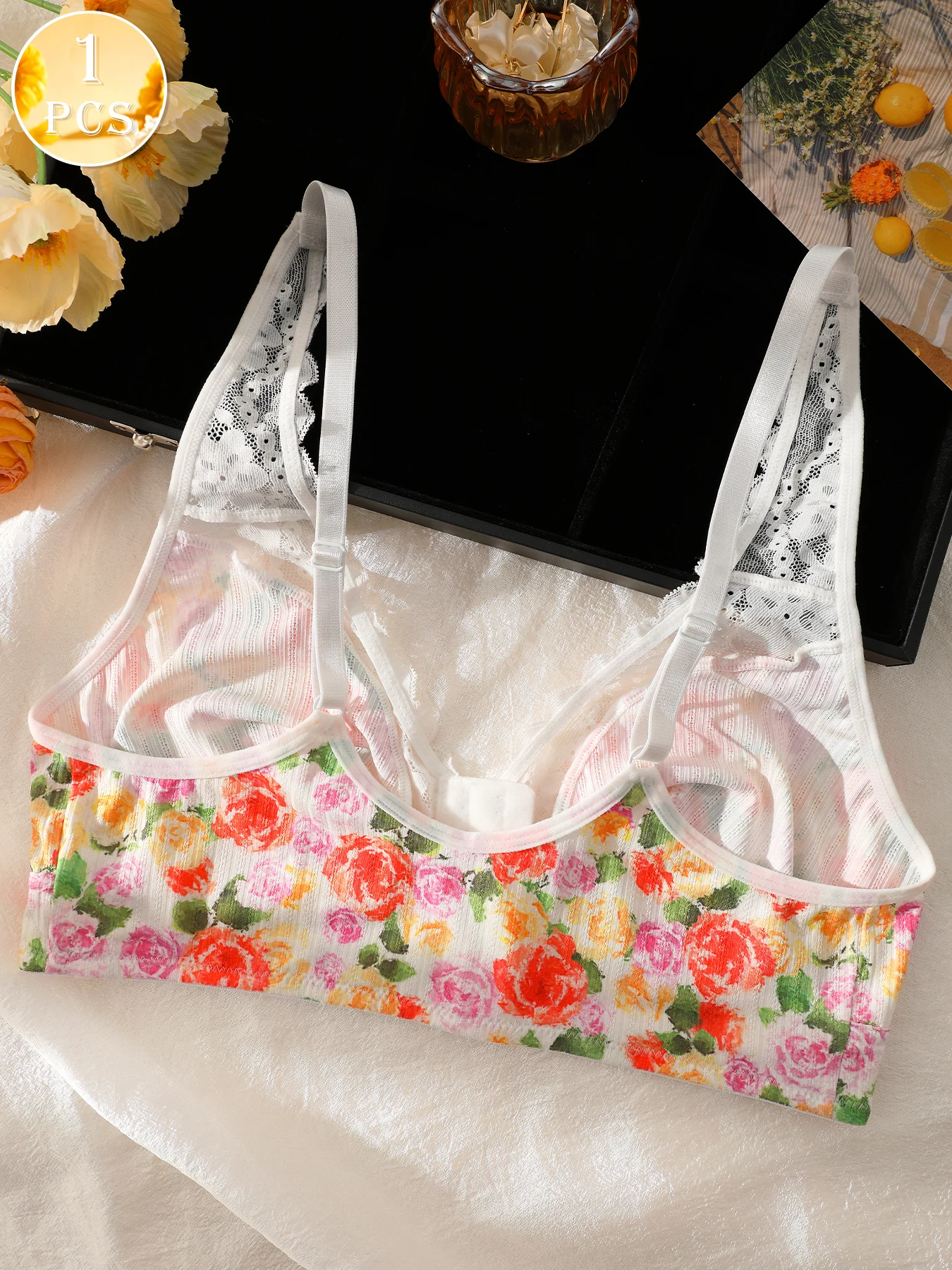 1pc Women's Floral Print Wireless Bra, Lace Trim Adjustable Straps Front Closure Comfort Bralette (S-XXL) image 5
