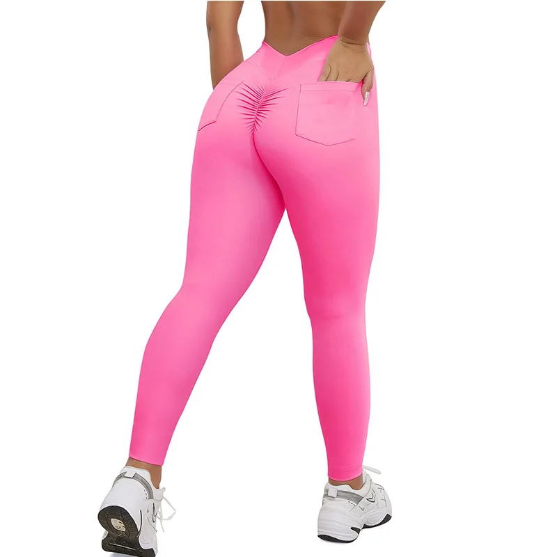 Hip-lifting Fitness Pants Pleated Sexy Elastic Sports Leggings Pocket Running Training Yoga Women's Clothing