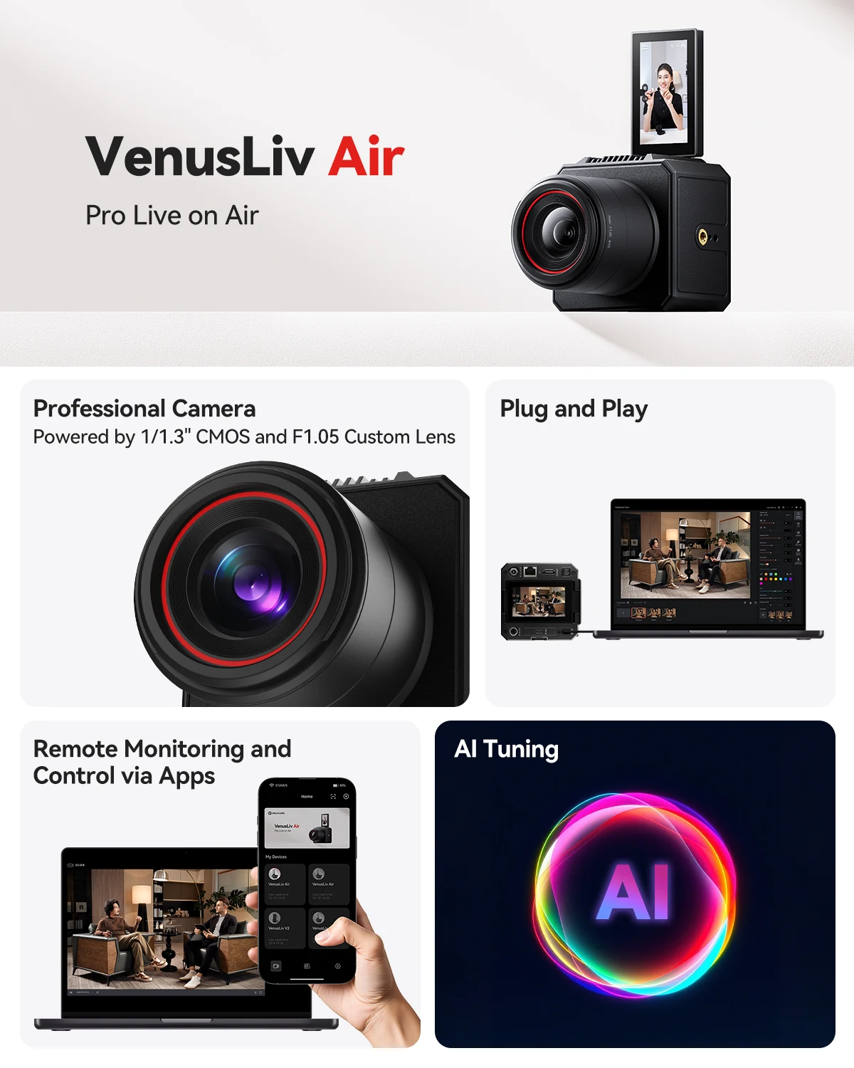 Hollyland VenusLiv Air Wireless Video Camera 4K UHD AI Tuning Live Streaming Vlog Camera With Screen Monitor For Youtube Tiktok