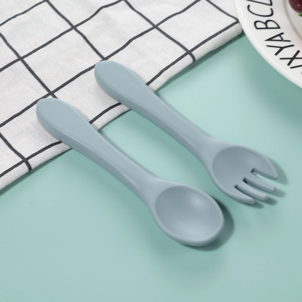 

Silicone food grade silicone long handle silicone fork and spoon set 2pcs silicone baby feeding dinning spoon set