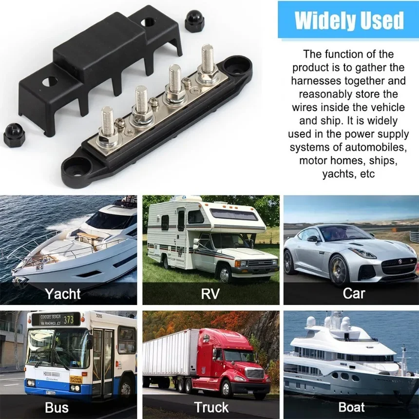 12V Power Distribution Block 250A Bus Bar Terminal Block with Cover M8 / M10 4 Way Terminal Studs 48VDC 300VAC for Car Boat 1SET