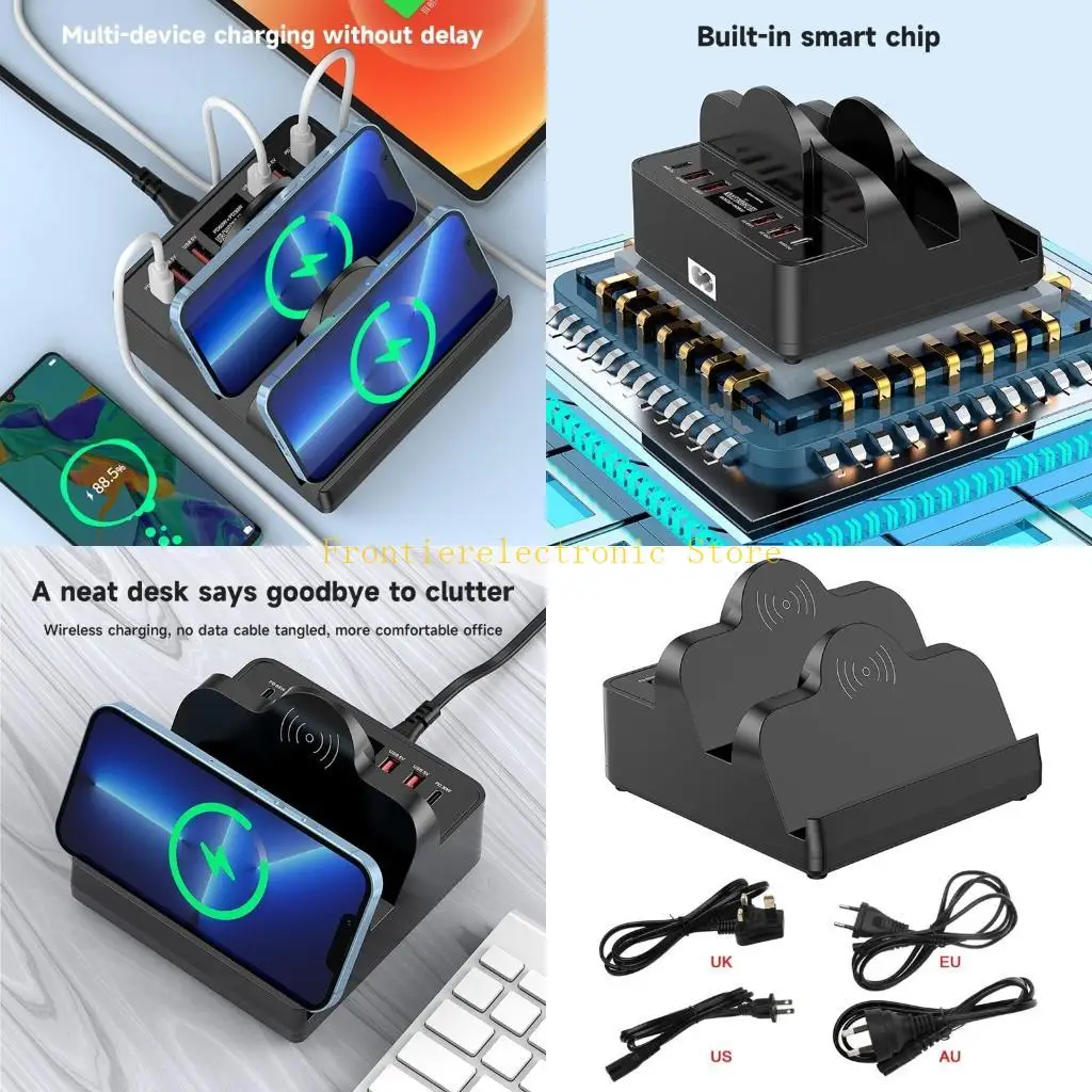 

G8DB USB-зарядное устройство мощностью 80 Вт с двойной подставкой для беспроводного зарядного устройства мощностью 15 Вт, 6 ПК
