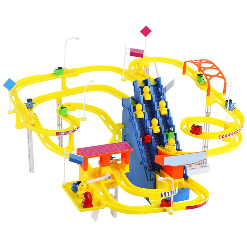 Three Stairs With Multiple Tracks Automatic Piggy Climbing Stairs Musical Luminous Slide Electric Track Children\'s Puzzle Toys