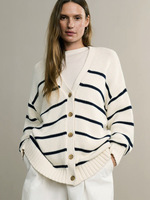 Bornladies Autumn Winter New Women's Striped Knit Cardigan V Neck Cotton Thickened Warm Loose Fit Female Sweater Top
