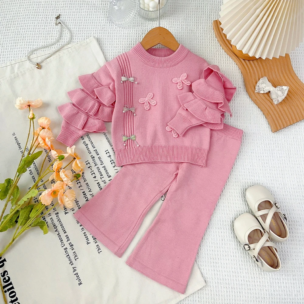 Korean Casual Knitted Suit with Fashionable Lace Striped Bow Top and Pants Two-piece Set for Children Aged 4 5 6 and 7 Autumn