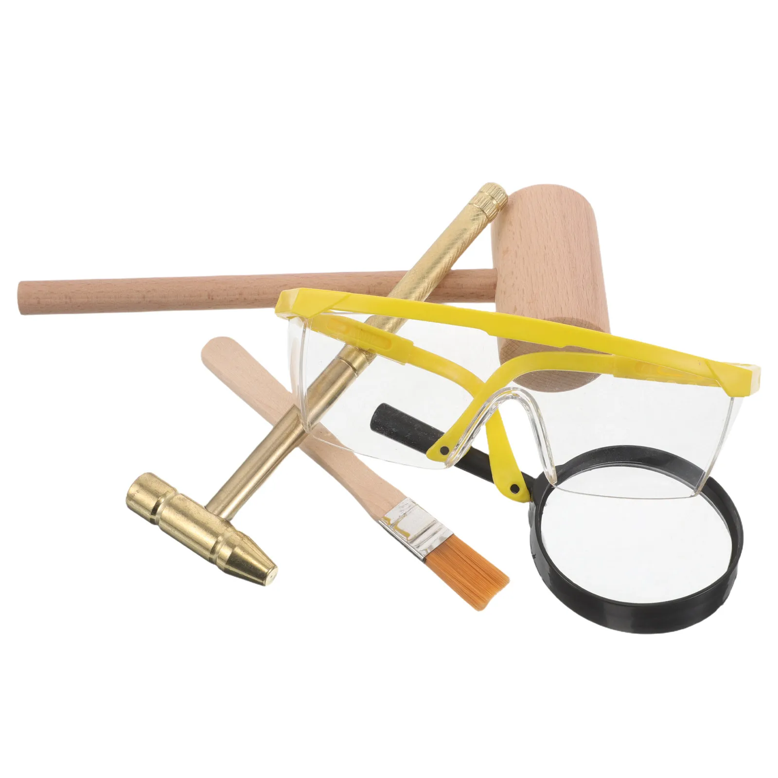 1Set Kids Archaeological Excavation Dig Kit Wooden Hammer Metal Hammer Safety Glasses Brush Magnifying Glass Role Play