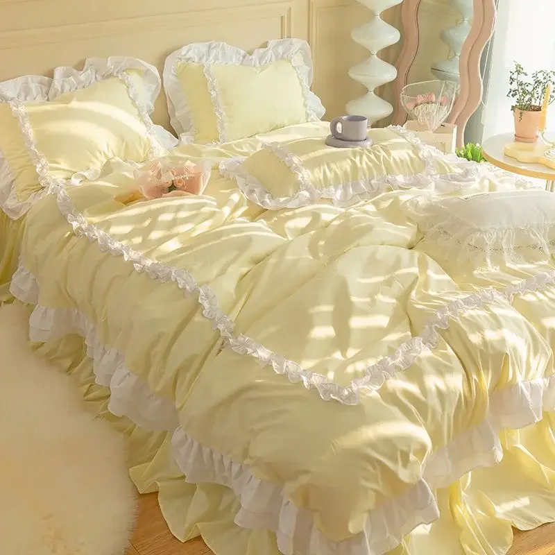 INS Korean Princess Style Bedding Kawaii Ruffle Lace Bed Skirt Duvet Cover Solid Color Queen Size For Girls Woman Home Textiles