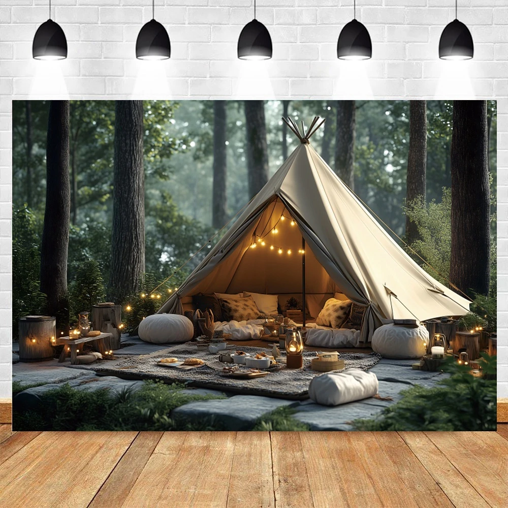 Spring Camping Forest Tent Backdrop for Phtography Outdoor Birthday Party Holiday Travel Photocall Background Decor Photo Studio