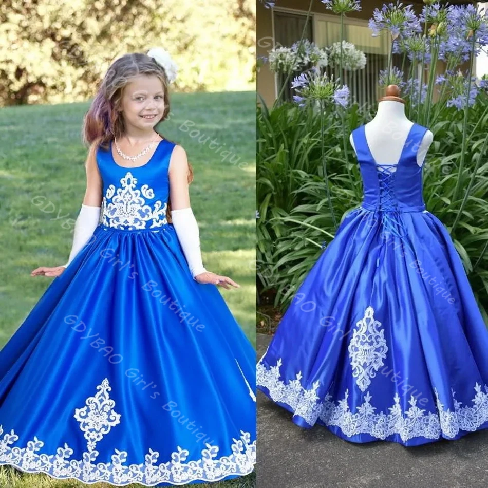 

Baby Girls Party Gown White Appliqued Satin Flower Girl Dress for Wedding Toddlers O Neck Open Back Customized Party Ball Gown