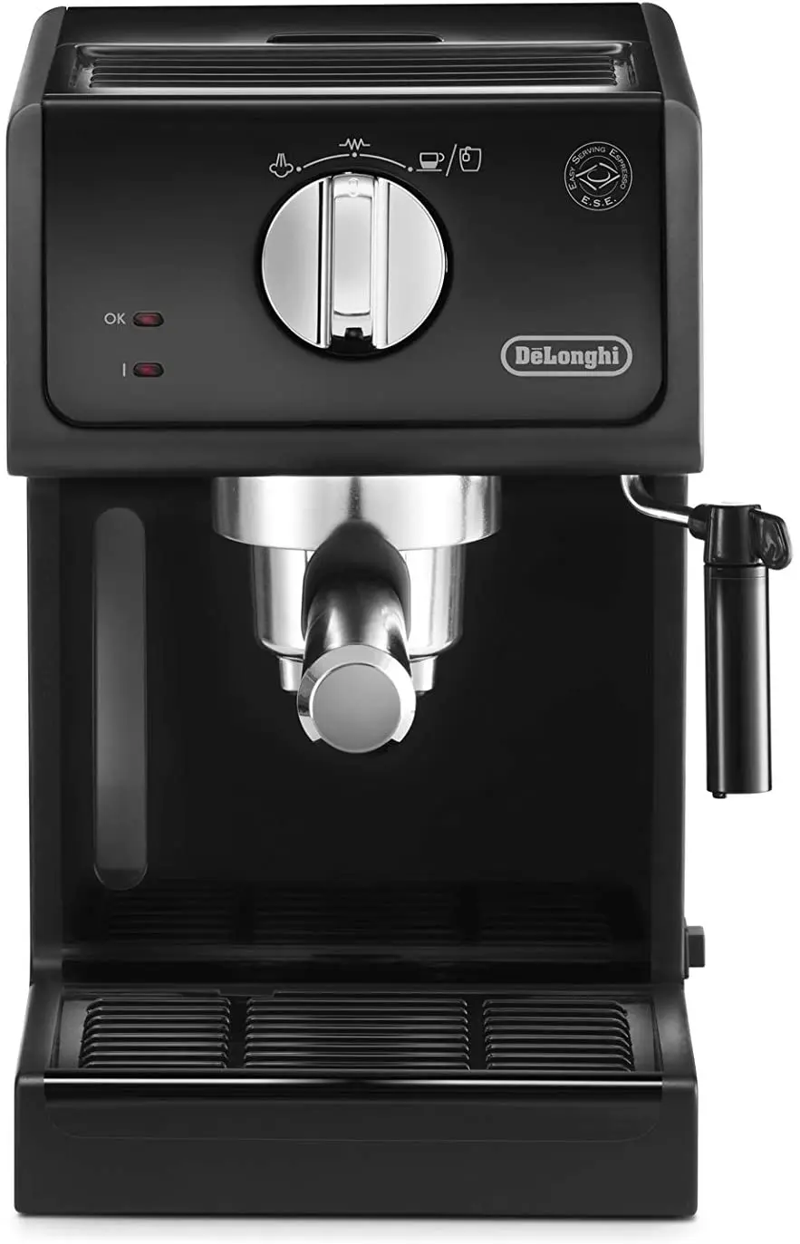 DeLonghi Italian traditional Espresso coffee machine, black 1.1 liter water tank, 230 volts, on/off switch, automatic shutdown