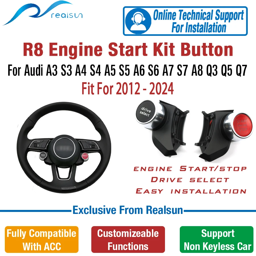 Realsun r8 estilo motor start stop drive selecione botão do volante para audi a3 s3 a4 s4 a5 a6 a7 q3 q5 vw skoda cadillac assento