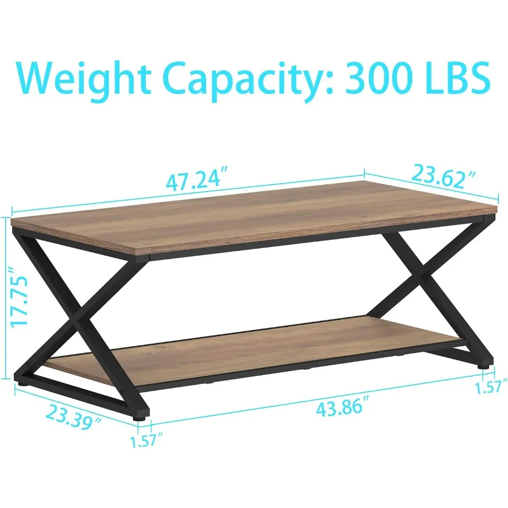 Rustic Wood Coffee Table, Farmhouse Living Room Table, Sofa Table with Storage & Display Shelf, 2 Tier Rectangle Tea Table